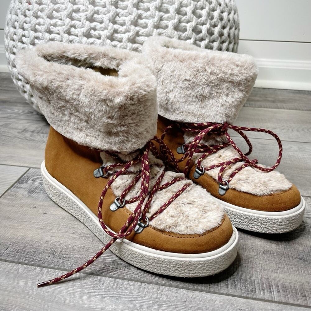 Victoria Lace Up Suede Faux Fur Winter Snow Ankle Boots Camel Size 41 - Picture 2 of 6